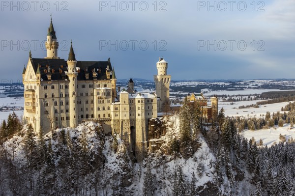 Panoramic view of Neuschwanstein Castle in winter. Germany, Bavaria