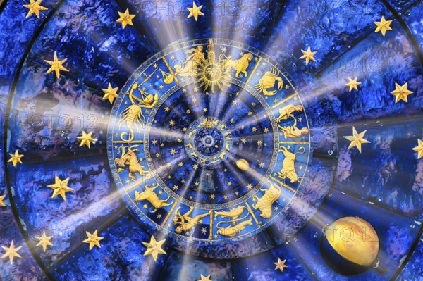 Astrological zodiac background. Vintage illustration art, grunge design. Concept of destiny, fortune, esoteric, magic, mysterious