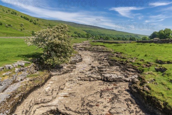 Yorkshire landscape with the dried-up River Skirfare near Litton, North Yorkshire, England, UK