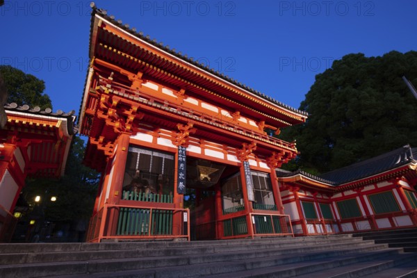 Kyoto, Japan, May 16 2019: Yasaka-Jinja Shrine from the intersection of Shijo-dori and Higashioji-dore Ave in Kyoto, Japan, Asia