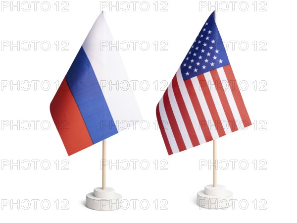 USA and Russia table flag side by side isolated on white background