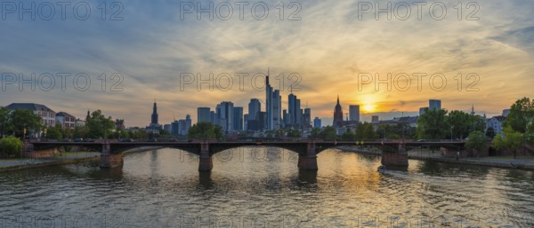 Frankfurt Germany, sunset panorama city skyline at Main River and business skyscraper