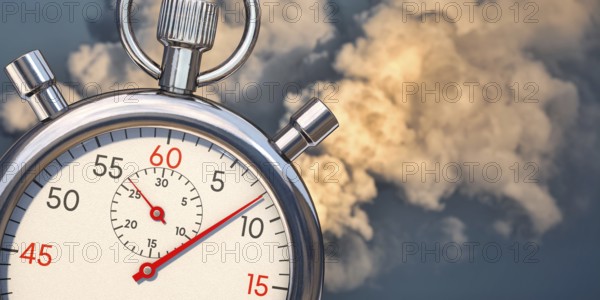 Fast reduce emissions. A stop clock with emissions in background