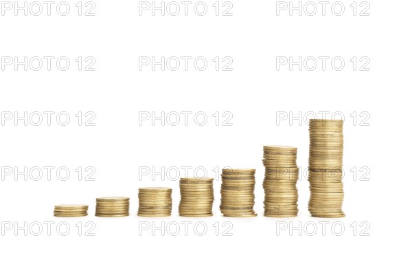 Rising Coin stacks on a white background. Growth, income, savings, investment concept. Symbol of wealth