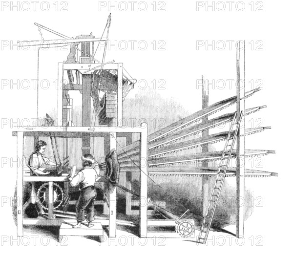 A Day at a scotch carpet-factory in Glasgow: Brussels carpet-loom. Engraving from a british magazine printed in 1843