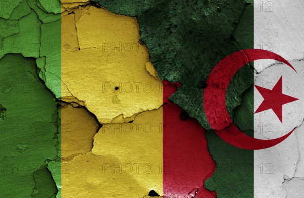 Flags of Mali and Algeria painted on cracked wall