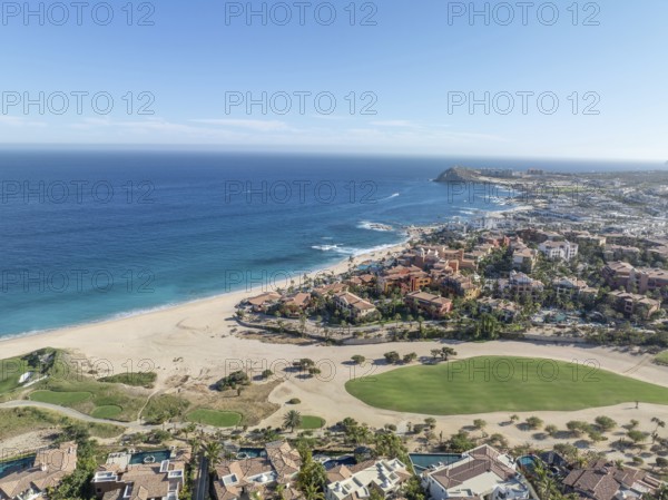 Aerial view of luxury golf course on the pacific ocean in Los Cabos, Cabo San Jose, Mexico, Central America