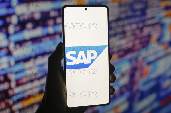 In this photo illustration, the SAP logo is displayed on a smartphone screen