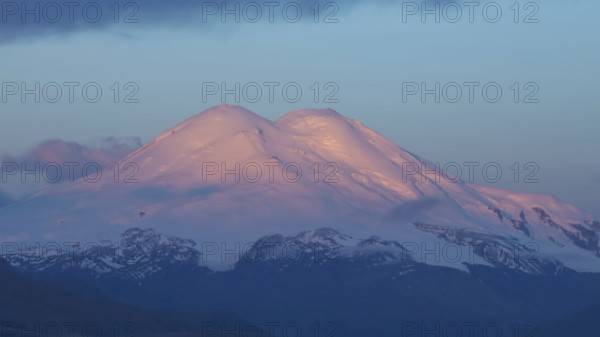 Beautiful view of Mount Elbrus at sunrise, North Caucasus mountains, Russia, Europe