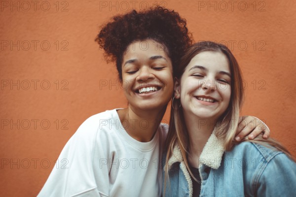Portrait of two happy joyful teen girls of different races smiling at camera, enjoying friendship, multi-ethnic best female friends making selfie photo and having fun while spending time together
