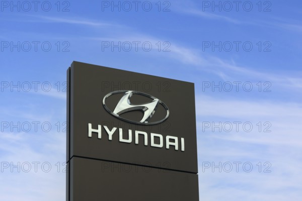 Hyundai Motor Company logo outside dealership. Hyundai is a South Korean multinational automotive manufacturer. Salo, Finland. March 10, 2024