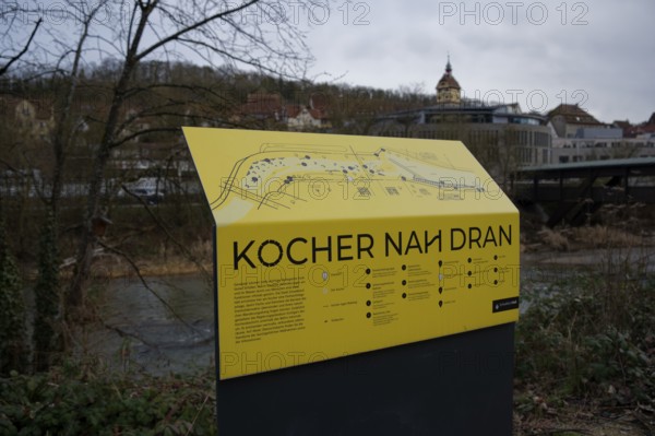 Information board on river restoration, water protection, biodiversity, fish fauna, aquatic ecology, water, watercourses, Kocher valley, Kocher, Schwäbisch Hall, Hohenlohe, Germany, Europe