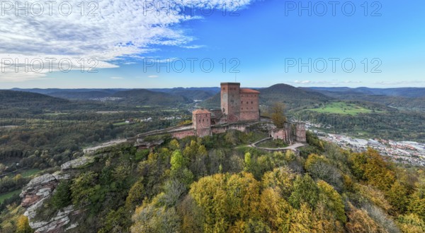 Aerial view, Reichsburg Trifels, Annweiler, Palatinate, Rhineland-Palatinate Forest in autumn, Germany, Europe