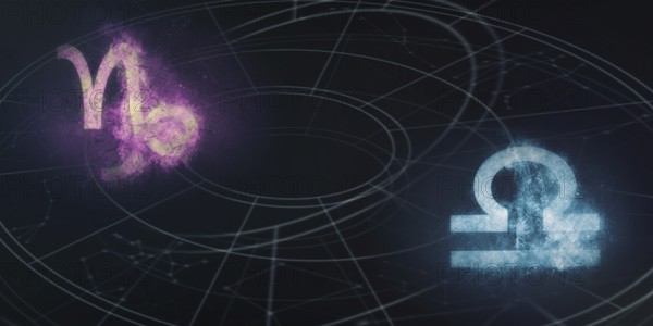 Capricorn and Libra horoscope signs compatibility. Night sky Abstract background