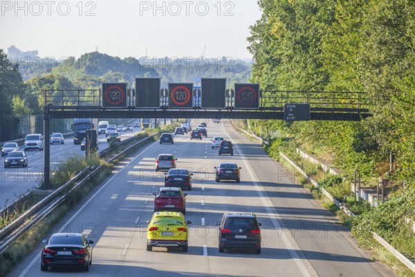Motorway and electronic warning sign with speed limit, Bremen, Germany, Europe