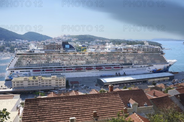 Huge cruise ship in Gruž harbour near Dubrovnik, Dubrovnik cruise terminal, Dubrovnik Cruise Port, Gruz, Mediterranean Sea, Croatia, Europe