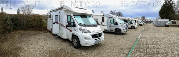 Panoramic photo with many motorhomes at the Kehl am Wasserturm car park, Kehl, Baden-Württemberg, Germany, Europe