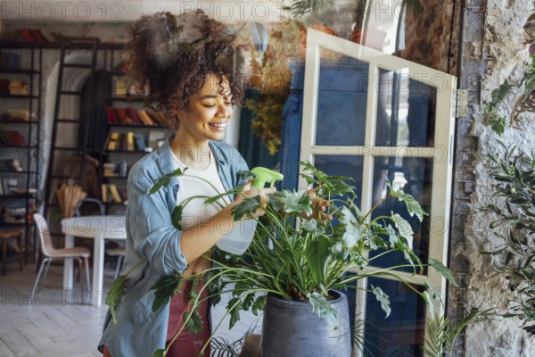Happy plant lady. Young Afro American woman plant lover taking care of houseplant. Girl watering a potted plant with happy smile