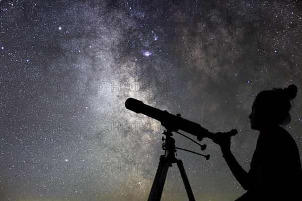 Woman and night sky. Watching the stars Woman with telescope
