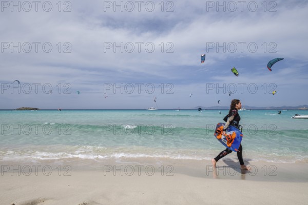 Kitesurfing on Illete beachFormentera, Pitiusas Islands, Balearic Community, Spain, Europe