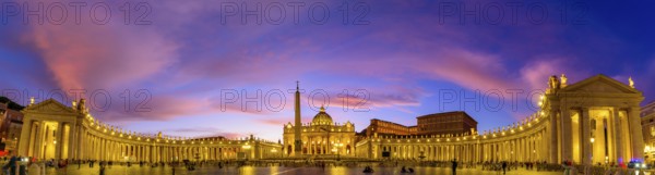 Panoramic view of St. Peter's Basilica and Square in Vatican City at sunset time