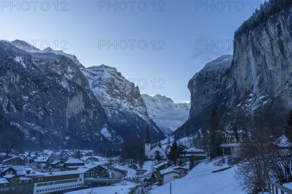 Lauterbrunnen Valley and Snowy Mountains in Winter Morning. Swiss Alps. Switzerland