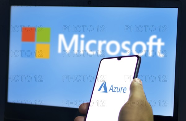 Smart phone with the Microsoft Azure logo, is a cloud service offered as a service and hosted in Microsoft Data Centers.Dhaka, Bangladesh 15 Aug 2024.