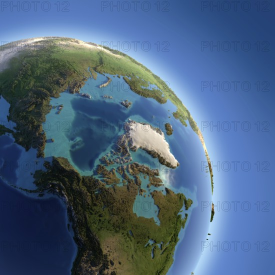 A fragment of the Earth with high relief, detailed surface, translucent ocean and atmosphere, illuminated by sunlight
