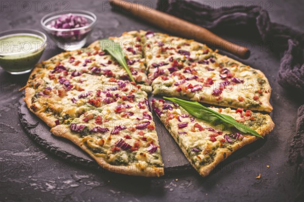 Tart flambee (Flammkuchen) with ramson sour cream (bear leek), onion and bacon