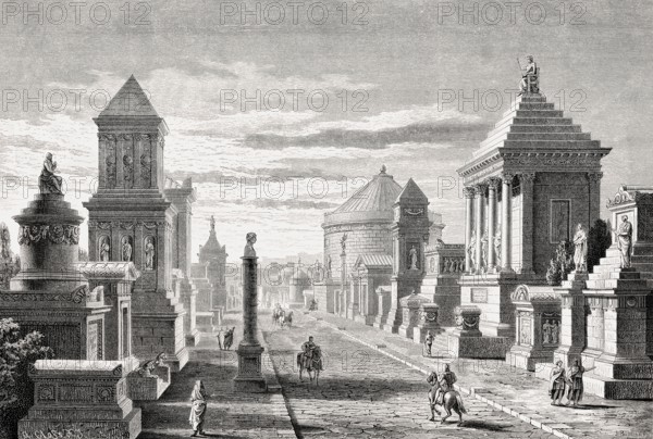 The Appian Way or Via Appia near ancient Rome, reconstruction