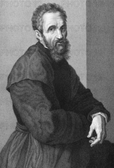 Michelangelo (1475-1564) on copper engraving from 1841. Italian Renaissance painter, sculptor, architect, poet and engineer. Engraved by G.P.Lorenzi from a drawing by A.Tricca after a self portrait by Michelangelo