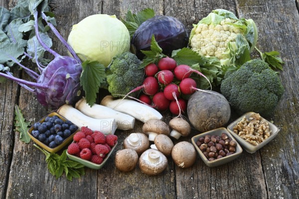 Healthy food, berries, cabbage, radishes, king oyster mushrooms, raspberries, nuts, blueberries, mushrooms