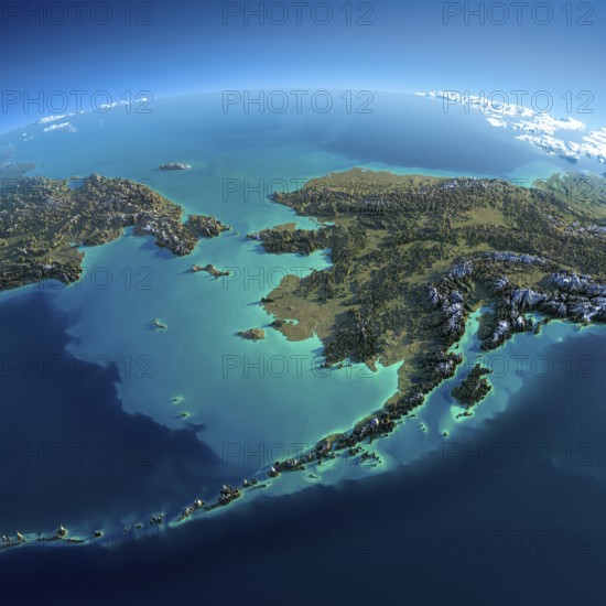 Highly detailed planet Earth in the morning. Exaggerated precise relief lit morning sun. Detailed Earth. Chukotka, Alaska and the Bering Strait. Elements of this image furnished by NASA
