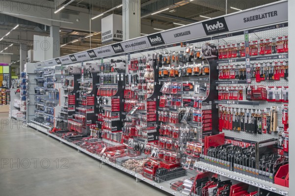 Shelf with kwb drills, hole saws and saw blades in a DIY store, Allgäu, Swabia, Bavaria, Germany, Europe
