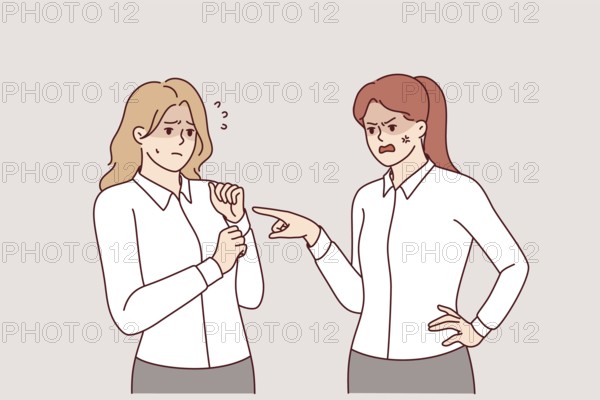 Rude woman manager makes reprimand subordinate, scolding due lack of subordination and mistakes in carrying out assignments. Girl gets reprimand from boss after being late or not following order