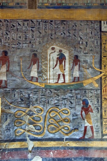 Wall painting, sun barque, burial chamber of Ramses I, tomb number KV 16, tomb, Valley of the Kings, West Thebes, Luxor, Egypt, Africa