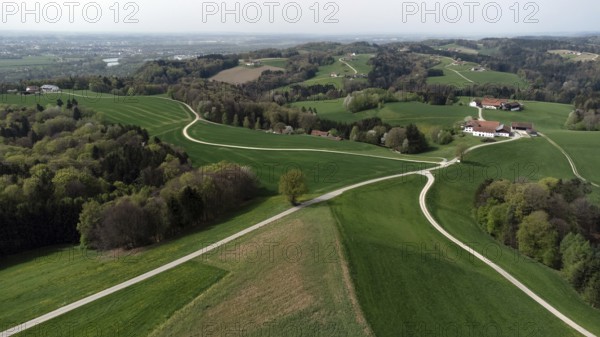 Idyllic, agricultural landscape in Upper Bavaria, scattered farms, drone shot, Upper Bavaria, Bavaria, Germany, Europe