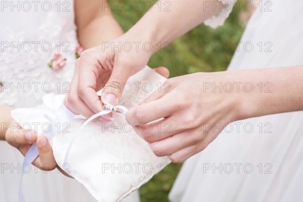 Hand bridesmaid in white dress takes with pads rings. Pillow holds a little girl bridesmaid