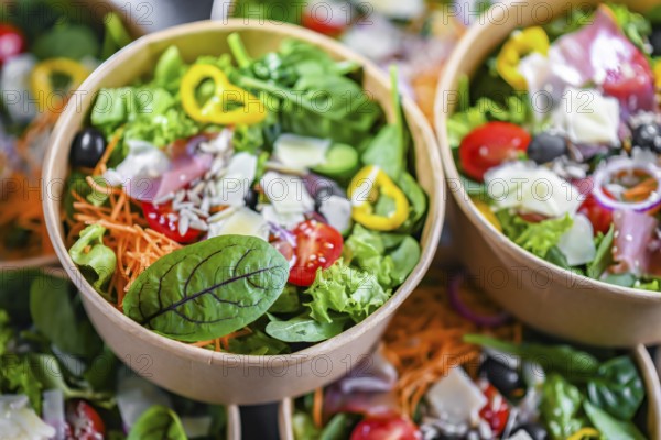 Round paper boxes with pre-packaged vegetable salads ready for sale