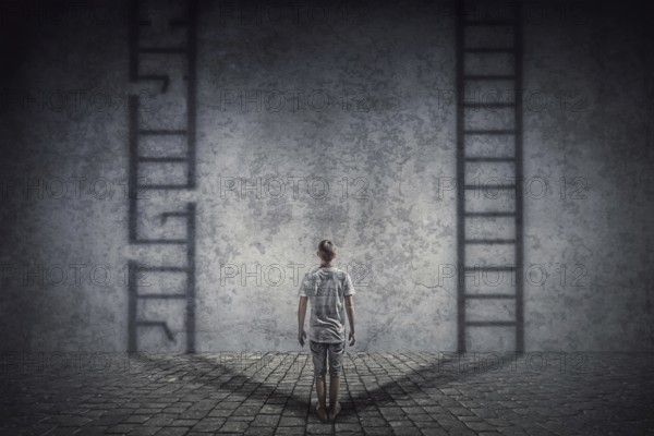 Person stands in front of a wall casting two ladder shadows with one broken on the left and another ready to use on the right. Dilemma and choice concept between good and bad