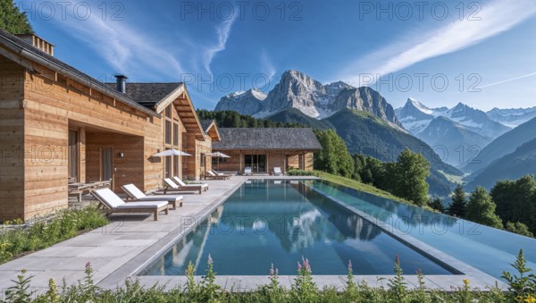 Modern wooden houses with infinity pool. The houses have the character of a holiday resort and are located in the middle of an alpine landscape. AI generated, AI generated, AI generated