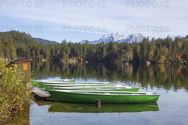 Mountain massif Hoher Göll with forest and boats at Hintersee in autumn, Ramsau, Berchtesgaden, Berchtesgadener Land, Upper Bavaria, Bavaria, Germany, Europe