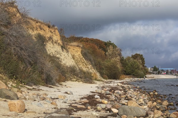 Baltic Sea beach with rocks and cliffs in autumn near Grömitz, Schleswig-Holstein. With dark clouds. Beach and cliff line of the Baltic Sea near Grömitz (Grömitz), Schleswig-Holstein, Germany with dark clouds. Seaside autumn landscape