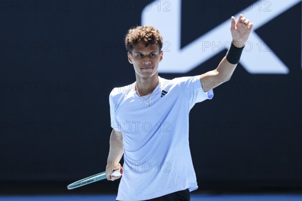 MELBOURNE, AUSTRALIA, JANUARY 11: Gabriel Diallo of Canada on his way to beating Pierre-Hugues Herbert of France in qualifying for the 2024 Australian Open at Melbourne Park on January 11, 2024 in Melbourne, Australia, Oceania