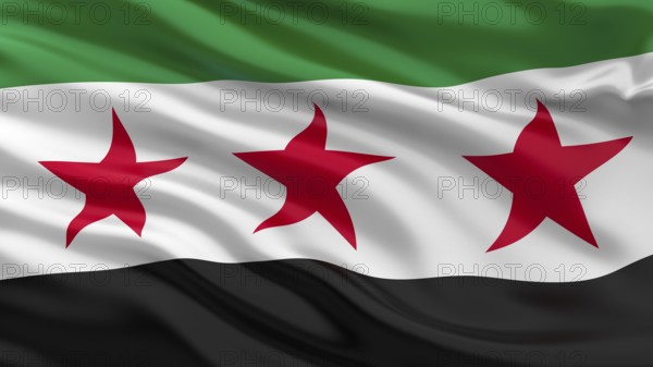 Syrian opposition flag waving in the wind. 3D illustration. Syrian Arab Republic Syria flag used by the Syrian opposition