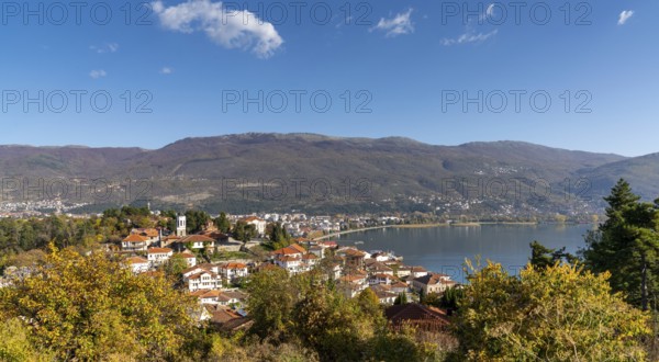 Ohrid, North Macedonia, 1 November, 2022: view of the old town of Ohrid and Lake Ohrid in late autumn