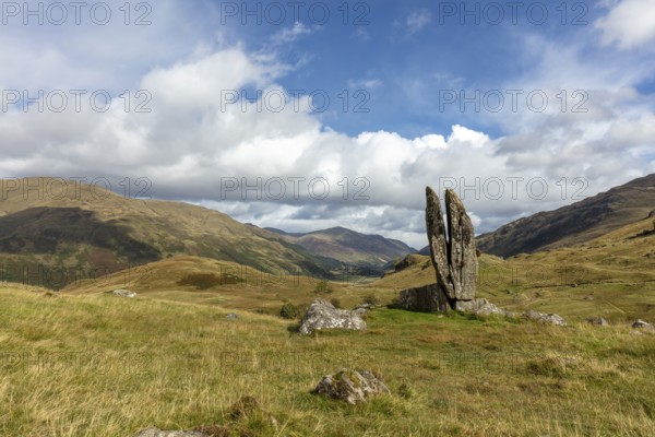 Fionn's Rock, also Praying Hands of Mary, according to legend split by Celt Fingal, also Fionn mac Cumhaill, rock formation, Aberfeldy, Highlands, Scotland, Great Britain