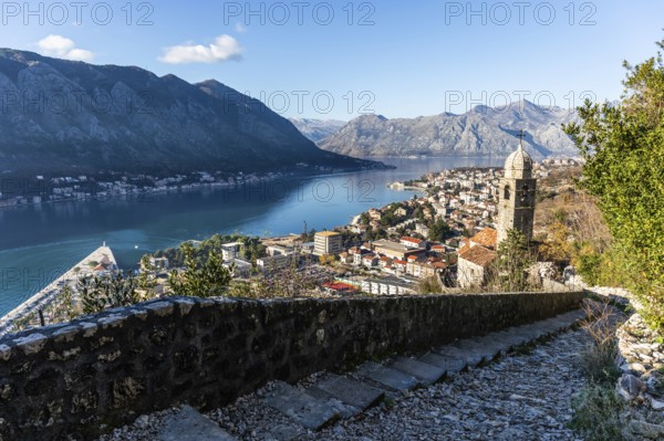 Footpath to Kotor Fortress, view of the town of Kotor and the Bay of Kotor from the hill above the town, Montenegro, Europe