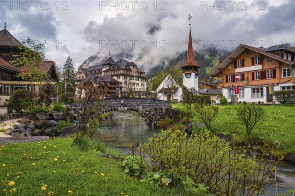Kandersteg Switzerland, city skyline at Kander River and Evangelical church