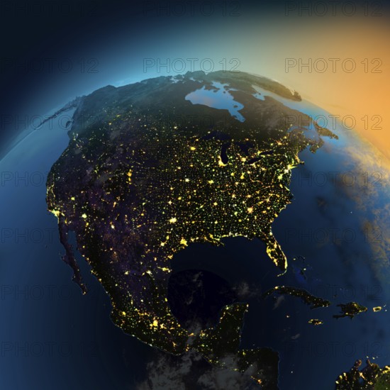 Night view of North America from the satellite to the glowing lights of towns on the sunrise from the east